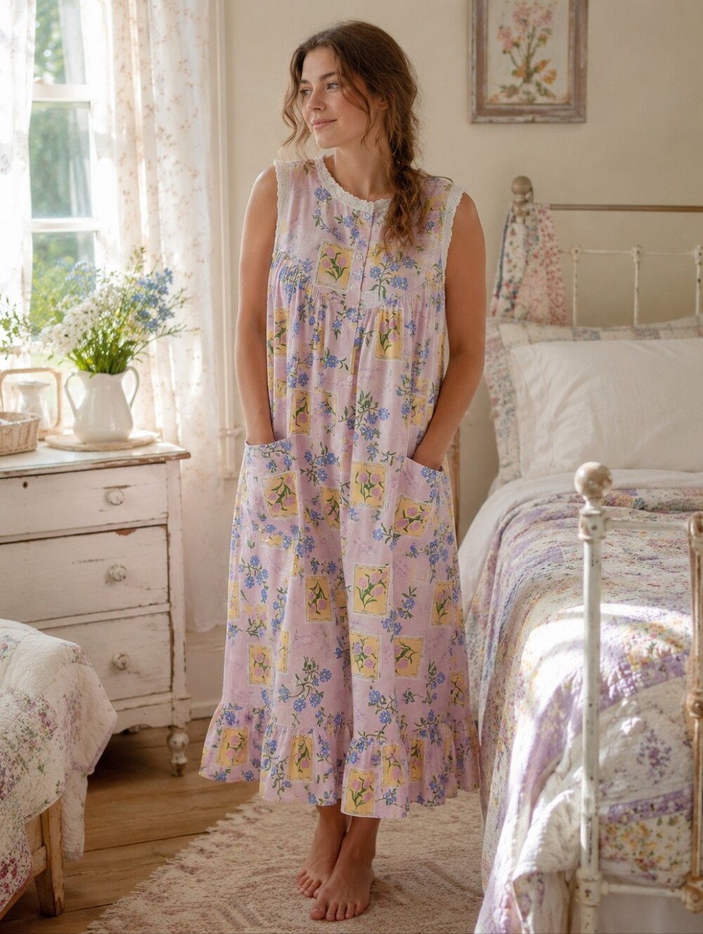 Vintage Lady Lindsay Floral Postcard Print Prairie Nightgown L